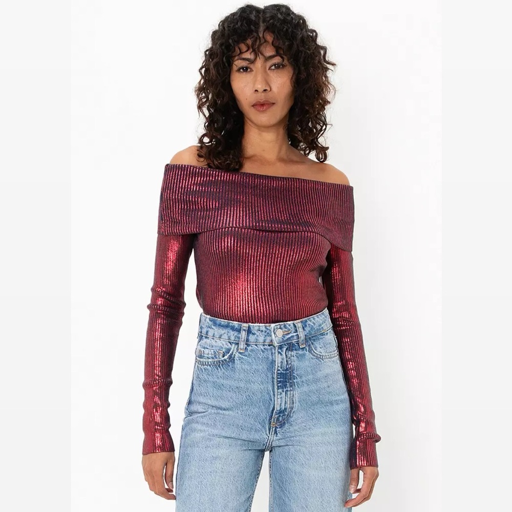 Zara Off The Shoulder Foil Knit Metallic Top Size small